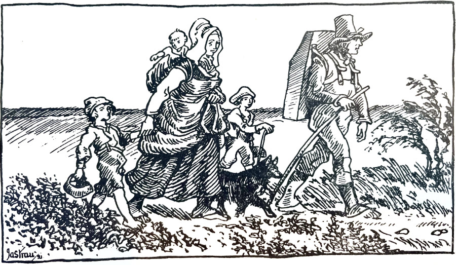 Travellers with children and dog on the West Jutlandic heathlands